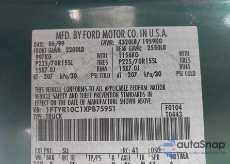 1999 Ford Ranger Xl/Xlt from USA, damaged, VIN 1FTYR10C1XPB75951